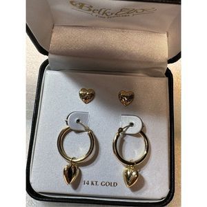 14KT Yellow Gold Round Hoop Heart Charm & Stud Heart Earrings
